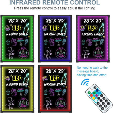LED Message Board, 28"X20" Flashing Neon Effect & Remote Control, Illuminated Erasable Signage Board for Restaurants/Bars/Cafes, Includes 8 Fluorescent Chalk Markers
