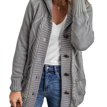 Hooded Cardigan Sweaters for Women Long Sleeve Button down Knit Sweater Coat Outwear with Pockets