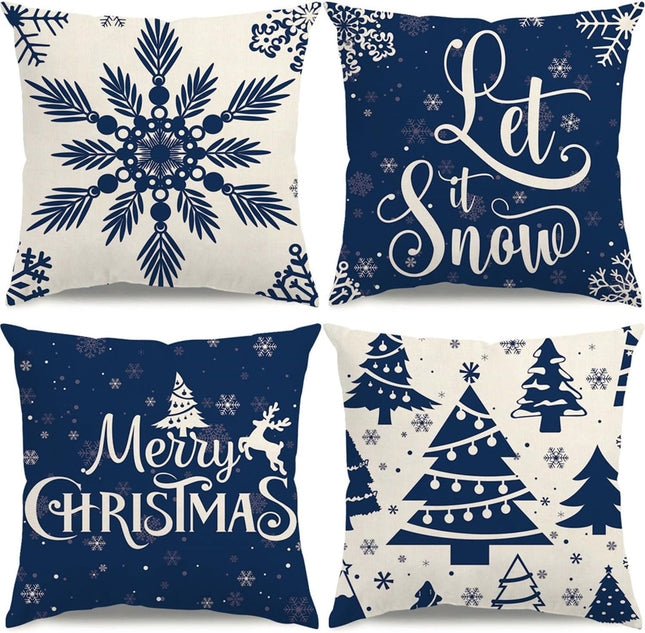 Christmas Pillow Covers 18X18 Blue Christmas Decorations Snowflake Throw Pillow Covers Xmas Tree Winter Holiday Decor Cushion Case for Sofa Couch Set of 4
