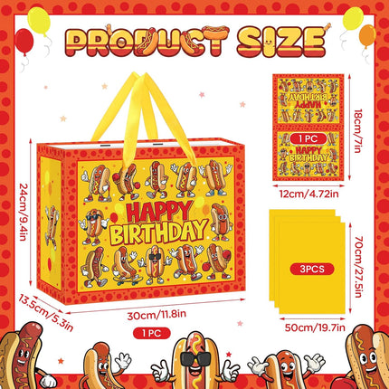 Funny Hot Dog Birthday Gift Bag Cartoon Hot Dog Themed Birthday Wrapping Paper Bag with Greeting Card for Kids Adults Sausage Food Picnic BBQ Hotdog Bday Baby Shower Party Decorations