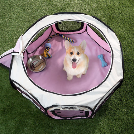 Portable Puppy Playpen - Small Pop-Up Play Yard for Pets up to 25Lbs with Mesh Windows, 2 Pockets, Zippered Roof, and Carry Bag by  (Pink)