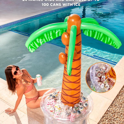 60" Inflatable Palm Tree Ice Chest Cooler,Luau Party Decorations,Summer Outdoor Drink Cooler with Drink Holder