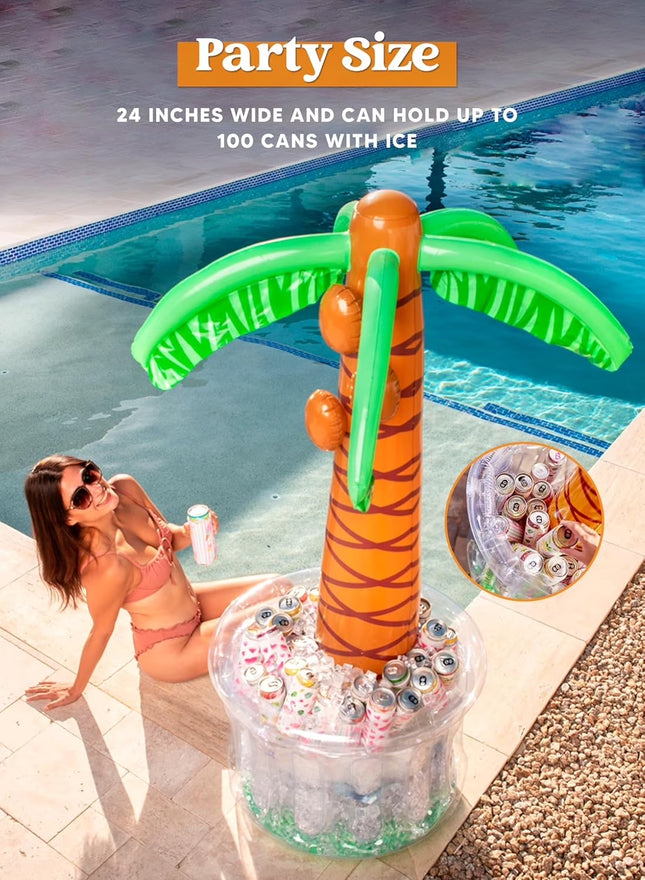 60" Inflatable Palm Tree Ice Chest Cooler,Luau Party Decorations,Summer Outdoor Drink Cooler with Drink Holder