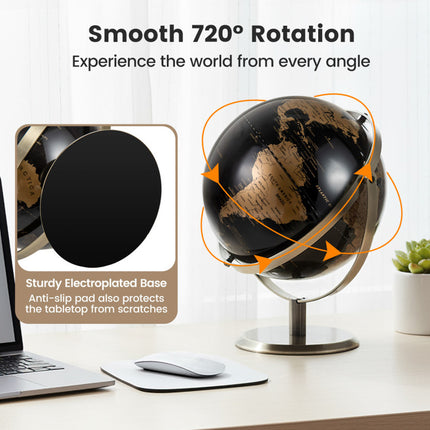 9-Inch Metallic Black World Globe with Metal Stand