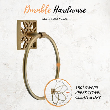 5-Piece Bathroom Hardware Set – Antique Gold (Muted Finish – Not Shiny), Wall Mounted Towel Bar, Towel Ring, Toilet Paper Holder & Robe Hooks, Bathroom Accessories Set Complete