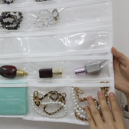 Hanging Jewelry Organizer Pockets Canvas Double Sided Rotating Hanger Necklace Hanging Wall Organizer Jewelry Roll for Earrings, Necklaces,Sunglasses,Rings (80-Pocket WHITE)