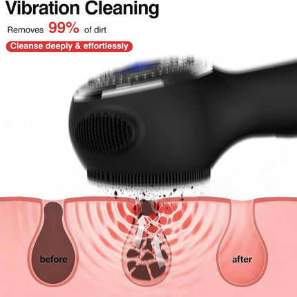 Electric Face Scrubber Exfoliator, Rechargeable Silicone Facial Cleansing Brush with Heat Massage Tip, Vibrating Face Scrubber for Deep Cleaning, Waterproof Face Brush for Men and Women (Deep Black)