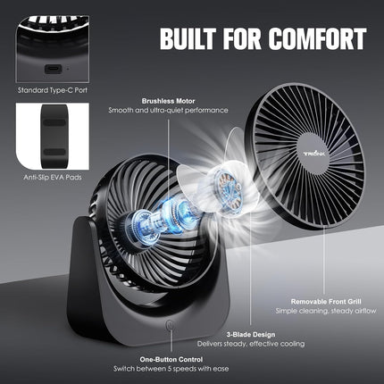 Small USB Desk Fan – 5-Speed Mini Table Fan with Adjustable Tilt, Ultra Quiet, USB Powered, Portable Cooling Fan for Home, Desktop, Bedroom, Bed, Office, Travel, and Camping (Black)