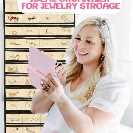Hanging Jewelry Organizer: Necklace & Earring Holder with Pockets for Closet, Wall or Door (Grey)