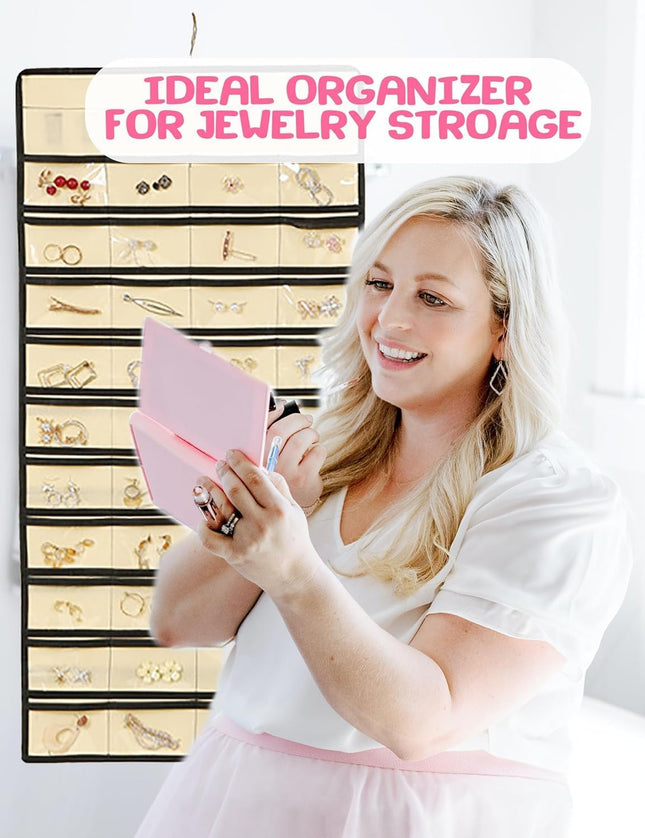 Hanging Jewelry Organizer: Necklace & Earring Holder with Pockets for Closet, Wall or Door (Grey)