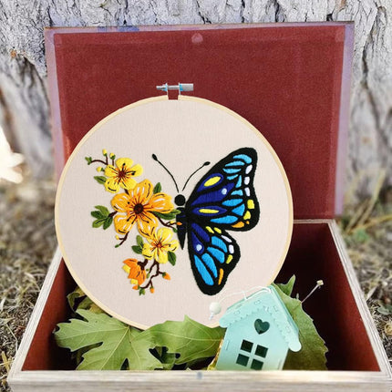3 Pack Embroidery Starter Kit with Pattern, Flowers Butterfly Stamped Embroidery Kit Including Embroidery Fabrics, Bamboo Hoops, Threads Needles, Hobbies for Women (Green Purple Blue)