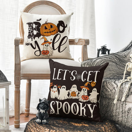 Halloween Ghost Boo Y'All Car Pumpkin Throw Pillow Covers, 18 X 18 Inch Let'S Get Spooky Cushion Case Decoration for Sofa Couch Set of 4