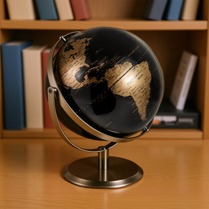 9-Inch Metallic Black World Globe with Metal Stand