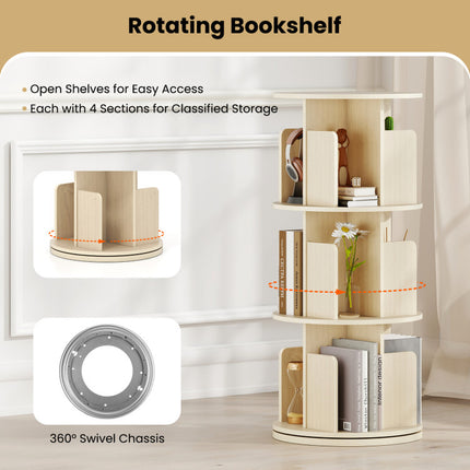 3-Tier Rotating Bookshelf with Dividers and Anti-Falling Baffles