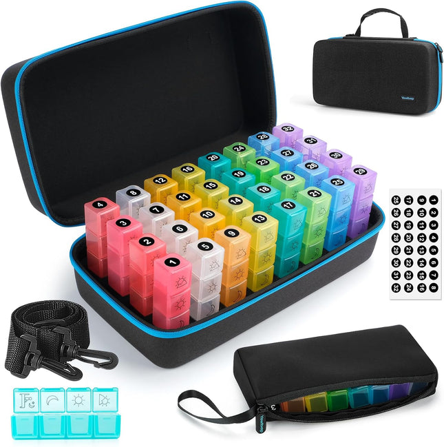 Monthly Pill Organizer 4 Times a Day, Pill Box Organizer with 32 Daily Compartments, 30 Day Pill Organizer 4X a Day Pill Holder with Hard Shell Travel Case with Weekly Pill Bag 4 Times a Day