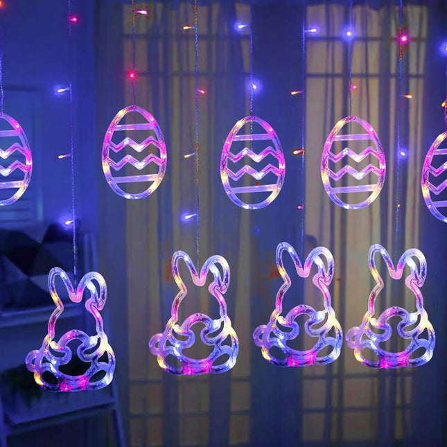 Easter Lights, 222LED 9FT Pastel Rabbit and Eggs Curtain String Lights with 8 Modes, Plug in Easter Decorations for Indoor Window Outdoor Party Decor (Multi-Colored)