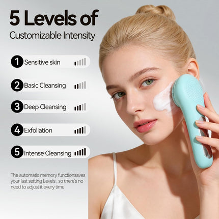 Rechargeable Silicone Facial Cleansing Brush for Women & Men - 5 Modes Waterproof Face Scrubber with Heat Massage, Deep Cleansing & Exfoliating Electric Face Brush (Green)