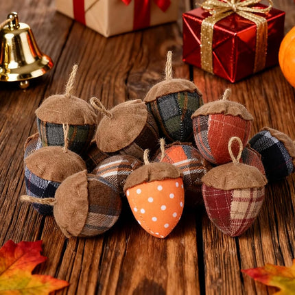 Felt Acorn Ornament, 3.15", Plaid and Polka Dot Pattern, Set of 12