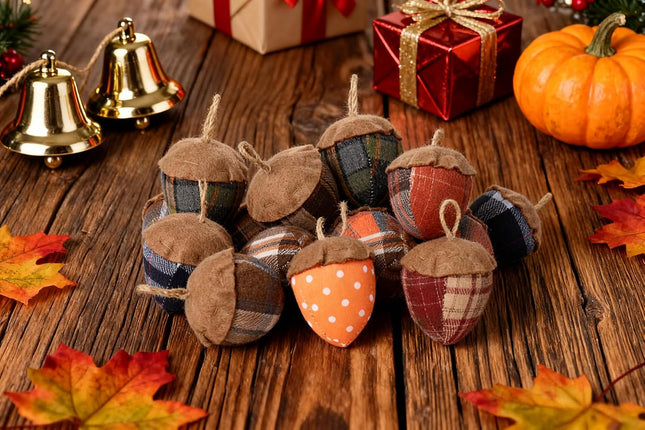 Felt Acorn Ornament, 3.15", Plaid and Polka Dot Pattern, Set of 12