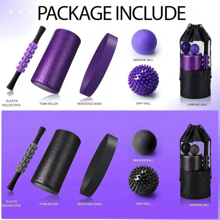 12 Pcs Foam Roller Set - 6 in 1 Deep Muscle Recovery Kit Includes Back Roller, Massage Ball, Muscle Stick, Fasciitis Ball, Stretch Strap & Bag for Body Physical Exercise Therapy, 2 Set