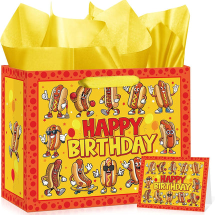 Funny Hot Dog Birthday Gift Bag Cartoon Hot Dog Themed Birthday Wrapping Paper Bag with Greeting Card for Kids Adults Sausage Food Picnic BBQ Hotdog Bday Baby Shower Party Decorations