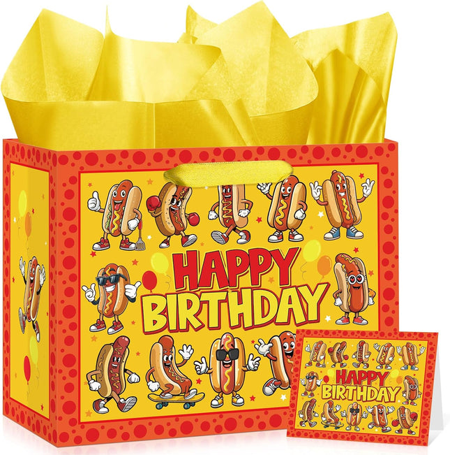Funny Hot Dog Birthday Gift Bag Cartoon Hot Dog Themed Birthday Wrapping Paper Bag with Greeting Card for Kids Adults Sausage Food Picnic BBQ Hotdog Bday Baby Shower Party Decorations
