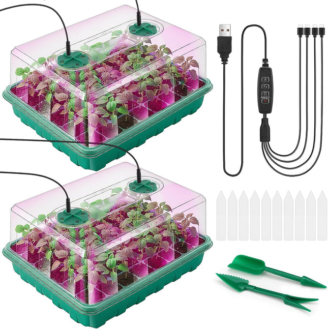 96 Cells Seed Starter Tray with Lights, 2 Packs Seed Starter Kit with Humidity Vented Domes and High Lid, Adjustable Brightness Germination Kit for Indoor Greenhouse Seed Starter