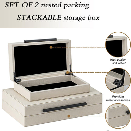 Set of 2 Beige Shagreen Decorative Storage Boxes with Black Metal Handles – Faux Leather Jewelry & Memory Boxes, Nesting Photo Organizers for Home Decor