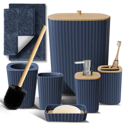 Complete 8 Piece Bathroom Accessory Set with Bamboo Accents, Trash Can, Toilet Brush & 2 Bath Rugs Included
