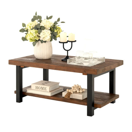 Rundell Pomona Rustic Industrial Modern Vintage Metal and Solid Wood Coffee Table with Storage, Easy Assembly, Small Rectangle Coffee Table, 42 in X 24 in X 18 In