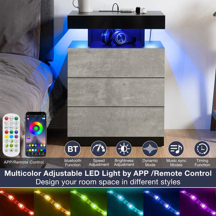 Nightstand Set of 2 Wireless Charging Station USB Port Type C Outlets Modern Bedside Table 3 Drawer Smart LED Nightstand Tall Night Table Gray High Gloss End Side Table for Livingroom Bedroom