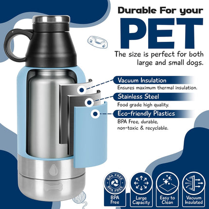 Portable Dog Water Bottle with 2 Removable Water Bowls for Dogs – Leak-Proof Portable Dog Water Bottle - Travel Accessories for Dogs - 32Oz - Blue