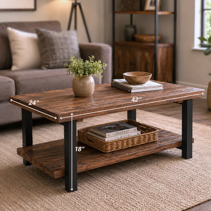 Rundell Pomona Rustic Industrial Modern Vintage Metal and Solid Wood Coffee Table with Storage, Easy Assembly, Small Rectangle Coffee Table, 42 in X 24 in X 18 In