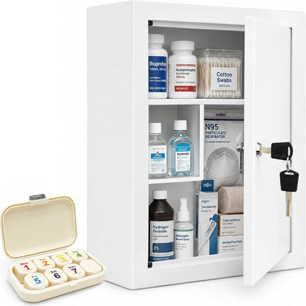Metal Locking Wall-Mounted Medicine Cabinet, Bathroom Medicine Cabinet Organizer with 3 Compartments & 2 Door Storage Bins, First Aid Cabinet for Home Bathroom Office, Weekly Pill Organizer Included