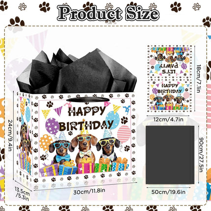 Large Dog Birthday Gift Bag Set with Tissue Paper and Greeting Card Dachshund Dogs Happy Birthday Bag Dachshund Doggy Puppy Dog Pet Paw Gift Wrapping Paper with Handles for Girl Boy Kids Men Women