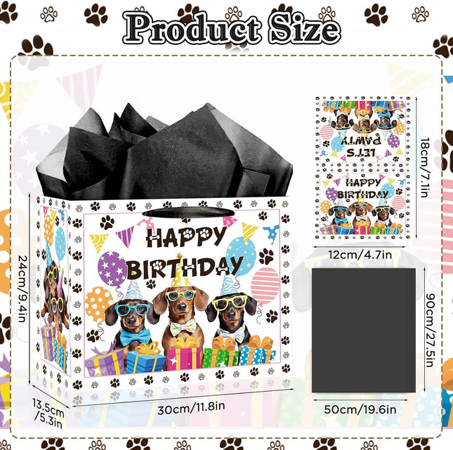 Large Dog Birthday Gift Bag Set with Tissue Paper and Greeting Card Dachshund Dogs Happy Birthday Bag Dachshund Doggy Puppy Dog Pet Paw Gift Wrapping Paper with Handles for Girl Boy Kids Men Women