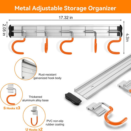 69'' Aluminum Alloy Garden Tool Organizer Wall Mount Garage Organizers and Storage with Hooks Tool Hangers for Shed Hooks for Shovel, Rake, Broom & More