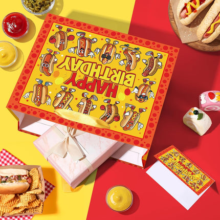 Funny Hot Dog Birthday Gift Bag Cartoon Hot Dog Themed Birthday Wrapping Paper Bag with Greeting Card for Kids Adults Sausage Food Picnic BBQ Hotdog Bday Baby Shower Party Decorations