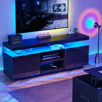 63.78 In. Modern Black TV Stand Fits Tvs up to 70 In. with RGB LED Light Strip and Outlets