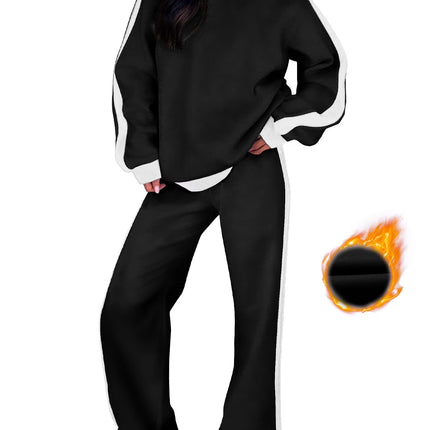 Womens Sweatsuits 2 Piece Set Fleece Lined Outfits Crew Neck Colorblock Long Sleeve Sweatshirt Jogger Pants Tracksuit Set with Pockets
