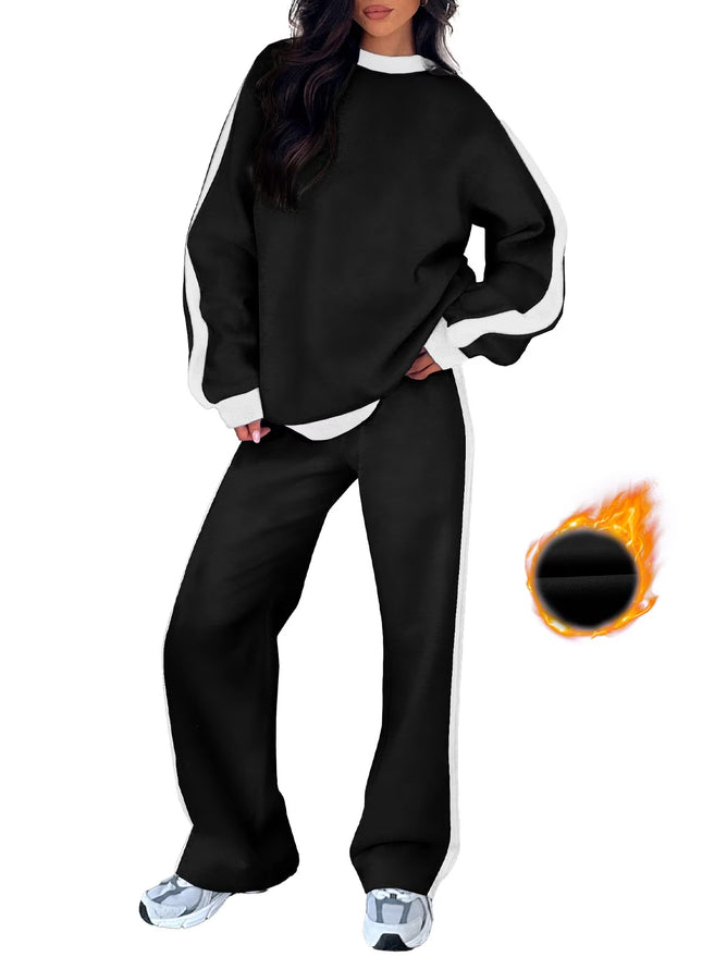 Womens Sweatsuits 2 Piece Set Fleece Lined Outfits Crew Neck Colorblock Long Sleeve Sweatshirt Jogger Pants Tracksuit Set with Pockets
