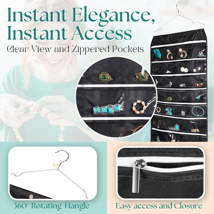 Hanging Jewelry Organizer with Zippered Pockets - (1 Pack) Black Closet Jewelry Organizer Storage with Hanger, 56 Pockets Dual Sided Earring Organizer Hanging for Bracelets, Watches, Ring