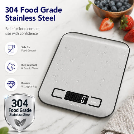 Food Scale, Digital Kitchen Scale Grams and Ounces for Baking, Cooking and Meal Prep, 6 Units with Tare Function, LCD Display, 304 Stainless Steel, 11Lb
