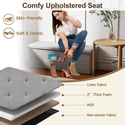 Storage Ottoman Bench, 43" L Folding Foot Rest Storage Chest with Side Pocket, Divider, Padded Seat Shoe Bench for Living Room Bedroom Hallway Entryway End of Bed (Light Gray)