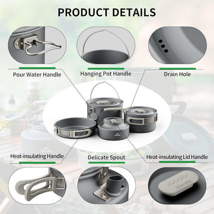 Camping Cookware Set Mess Kit for Backpacking Gear, Camp Cooking Set, Camping Pots and Pans Set for Outdoor Backpacking Camping Hiking Picnic
