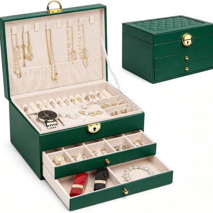 Jewelry Organizer Box PU Leather Double-Layer Pull-Out Drawer & Multiple Compartments - Premium Jewelry Storage for Necklaces, Rings, Bracelets - Nice Christmas Gift for Women, Men