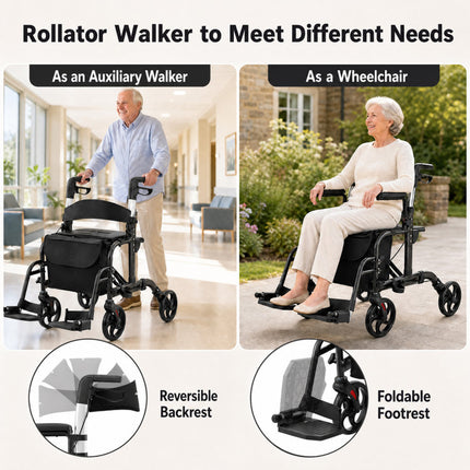 2-In-1 Folding Rollator Walker with Adjustable Handles and Reversible Backrest