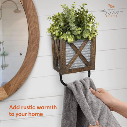 Farmhouse Decor Rustic Hand Towel Holder for Bathroom Wall and Kitchen Wall with Wood Storage, Brown