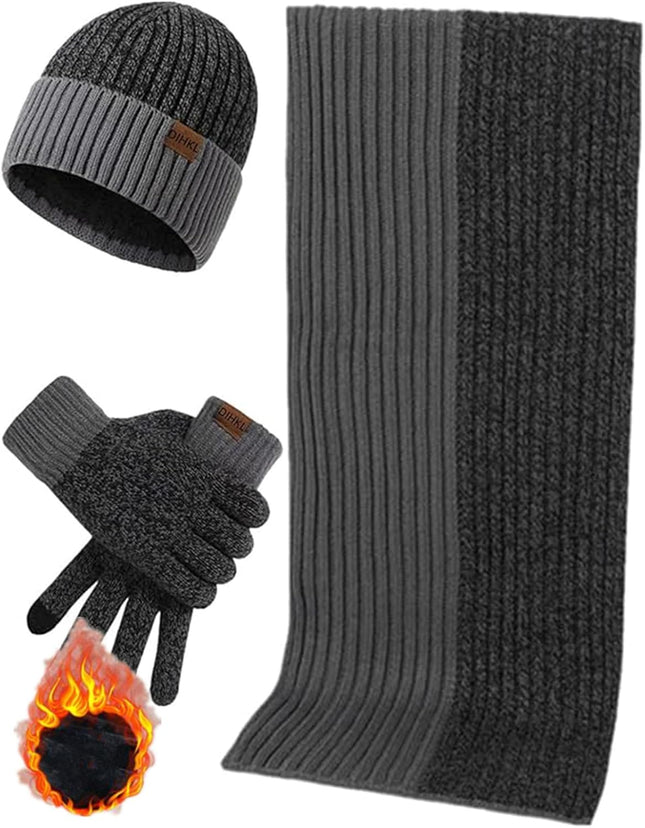 Mens Winter Scarf Hats and Gloves Set Knit Beanie Hat Warmer Scarfs and Touchscreen Glove 3 Pcs for Men