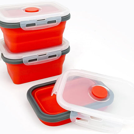3Piece Collapsible Food Storage Containers with Lids, Silicone Lunch Container, Microwave & Freezer Safe, Space Saving for Kitchen Cabinet and Camping Backpack,(Red Gray)